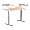 front view of light wood silver finish desk with measurements